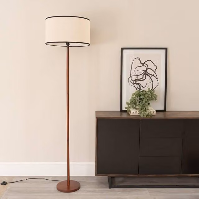 ValueLights Heather Dark Wood Single Stem Floor Lamp with Natural Drum Fabric Shade in Black, H 180 cm x W 45 cm x D 45 cm – 1