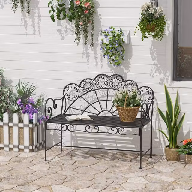 OUTSUNNY Black Metal 2 Seater Garden Bench for Outdoor Patio and Terrace