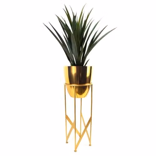 Leaf Tall Metal Plant Stand with Gold Planter and Artificial Yellow Yukka Plant, H 90 cm x W 19 cm x D 19 cm