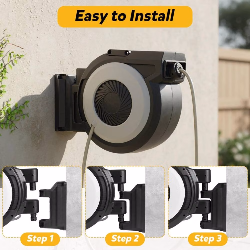 Costway Retractable Wall-Mounted Garden Hose Reel in Black with 30 m Hose and 2 m Lead-in Hose – 6