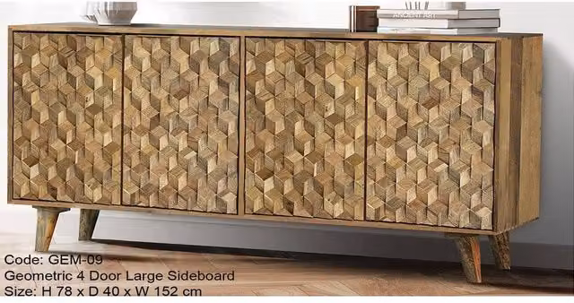 Jaipur Furniture Ltd Geometric 4 Door Large Sideboard in Brown Mango Wood, W152 x D40 x H78 cm – 1