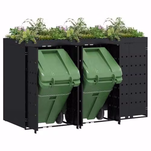 vidaXL Wheelie Bin Storage for 3 Bins, Black, W: 204 cm, D: 77.5 cm, H: 121.5 cm – 1