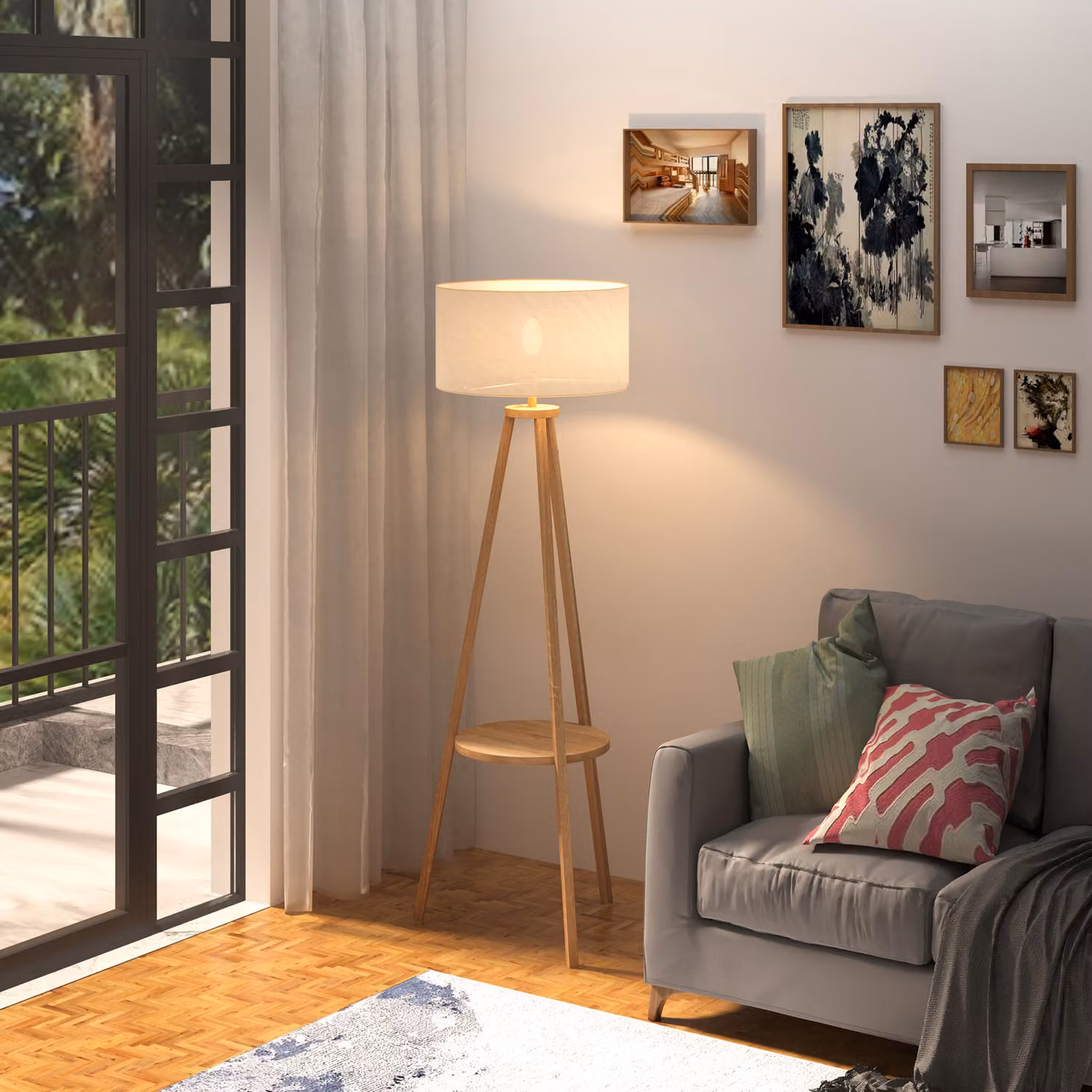 HOMCOM Freestanding Tripod Floor Lamp with Storage Shelf and Beige Linen Shade, Height: 154 cm – 6