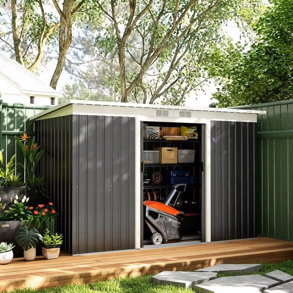 STILVORA Modern Galvanised Steel Garden Shed in Dark Grey with Double Sliding Doors and Side Vent, Width: 280 cm – 2