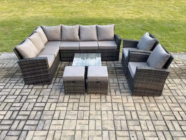 Fimous 10 Seater Rattan Garden Furniture Set in Dark Grey with Corner Sofa, Coffee Table, Armchair and Footstools