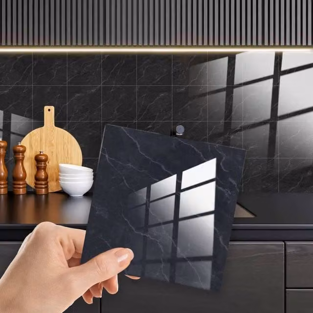 PAWNORA Dark Grey Marble Look Tile Stickers, Glossy Geometric Wall Decor, W: 15.24 cm, H: 15.24 cm