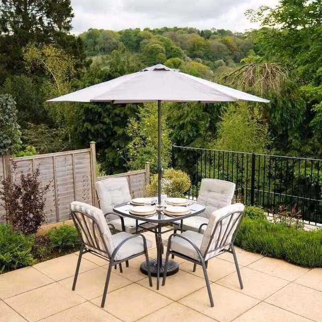 Primrose 4 Seater Grey Garden Dining Set with Tempered Glass Table and Parasol
