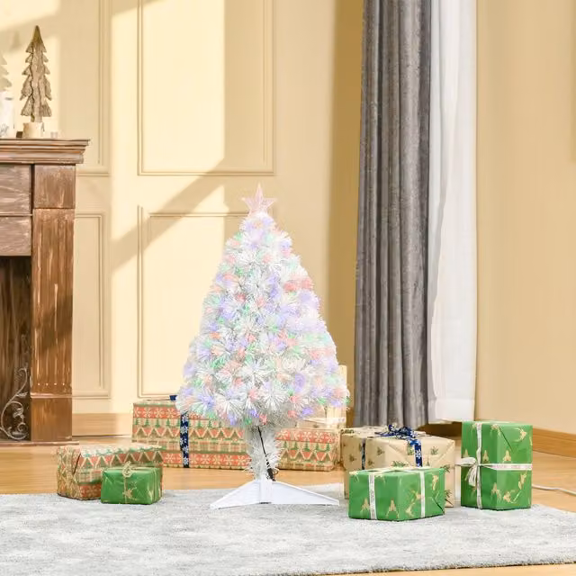HOMCOM White Prelit Artificial Tabletop Christmas Tree with Built-in Fibre Optics, Height: 76.2 cm – 1