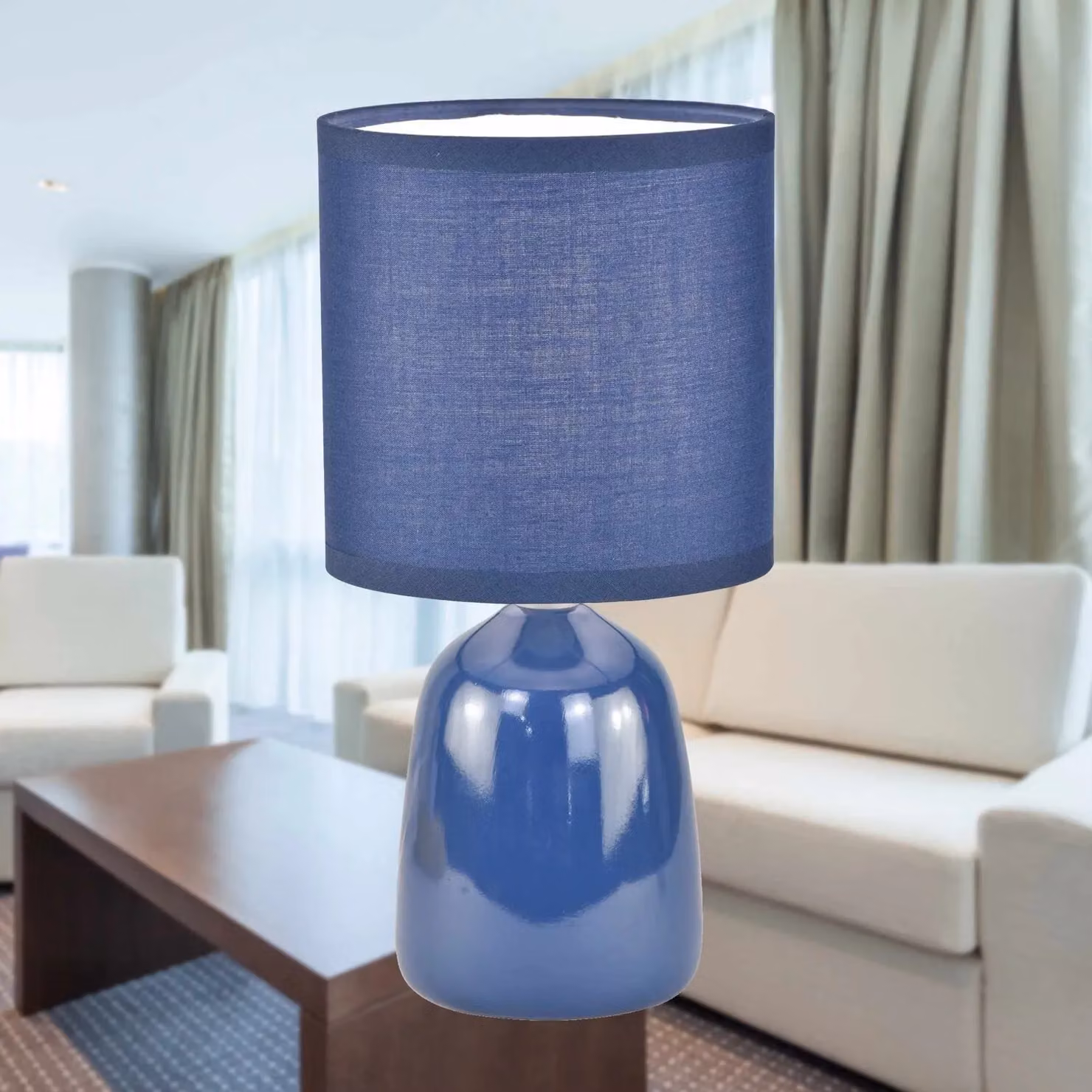 First Choice Lighting Cleo Set of 2 Blue Ceramic Table Lamps with Fabric Cylinder Shades – 4