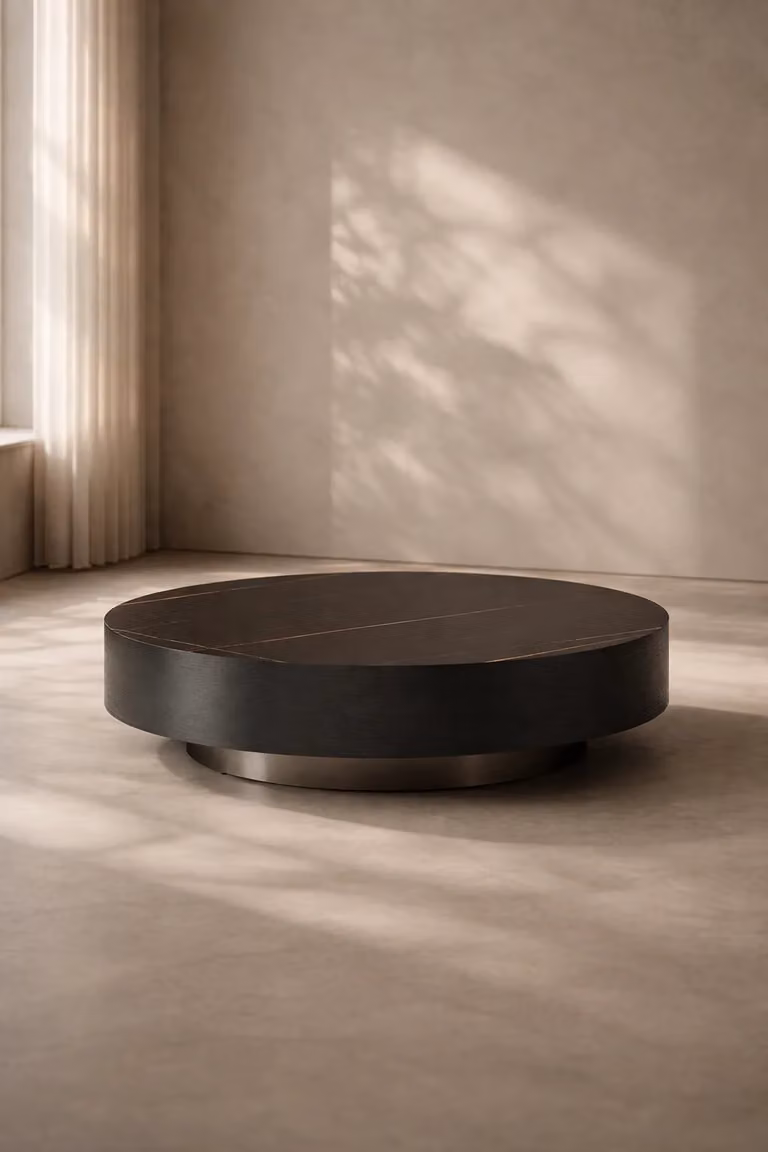 Tommy Franks Coin Coffee Table in Black and Gold Ceramic Marble, Diameter: 105 cm, Height: 30 cm