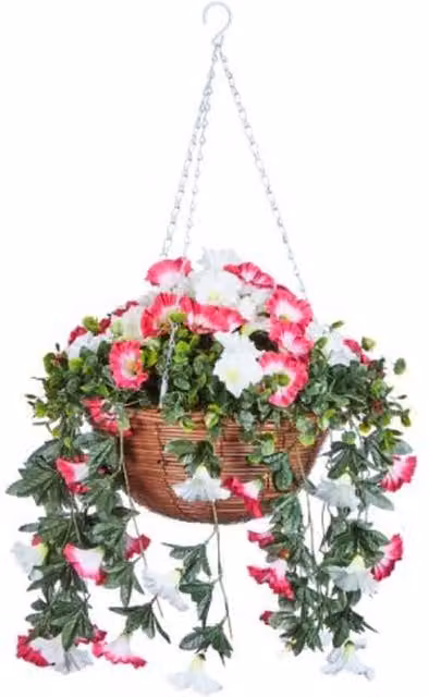 Garden Mile Summer Bloom Round Hanging Basket in Pink Metal and Rattan