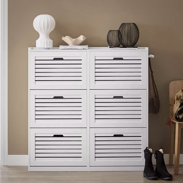SoBuy Modern White Matt Space-Saving Shoe Cabinet with 6 Tilting Compartments and Ventilation – 1
