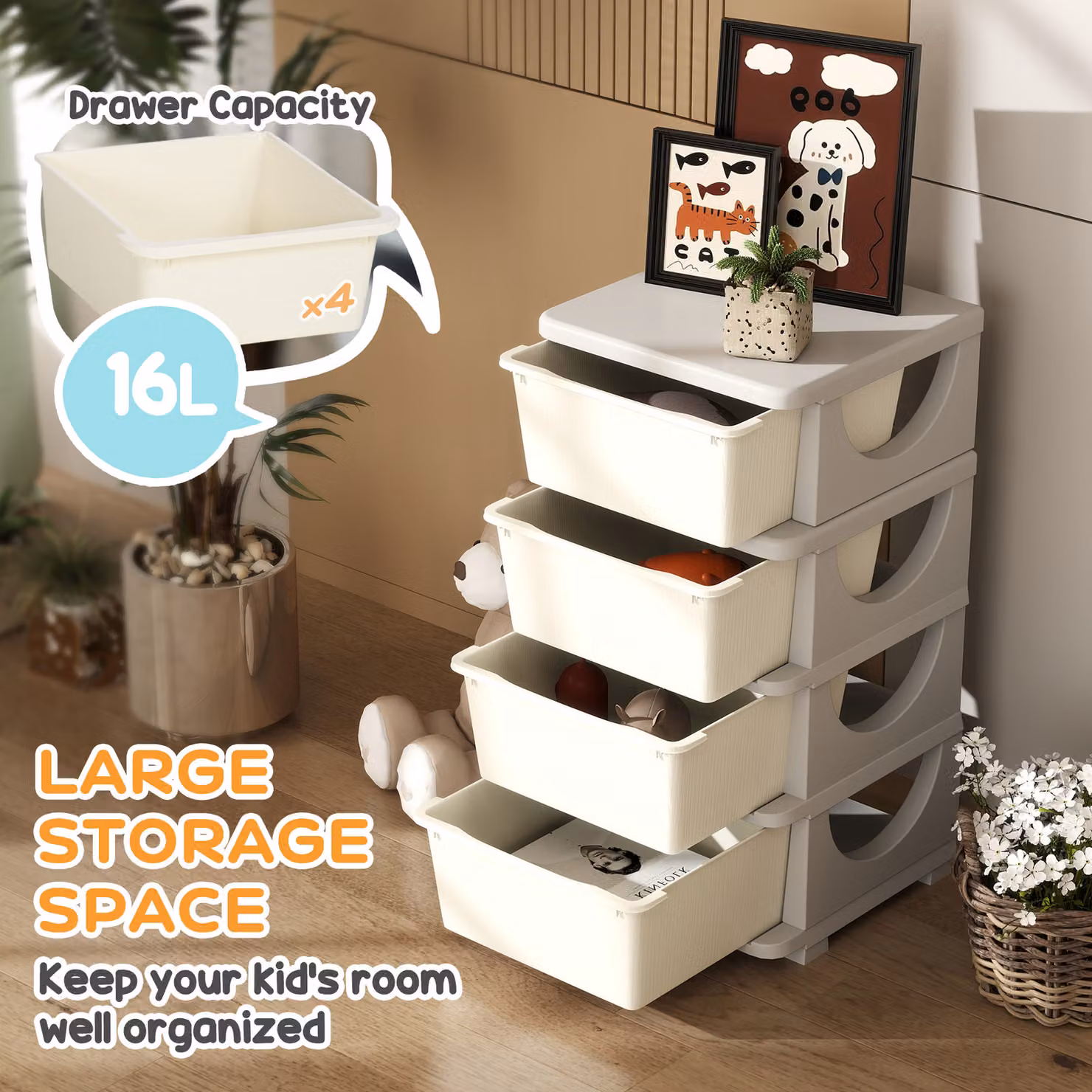 HOMCOM Four-Tier Kids Storage Unit with Four Drawers, White – 3