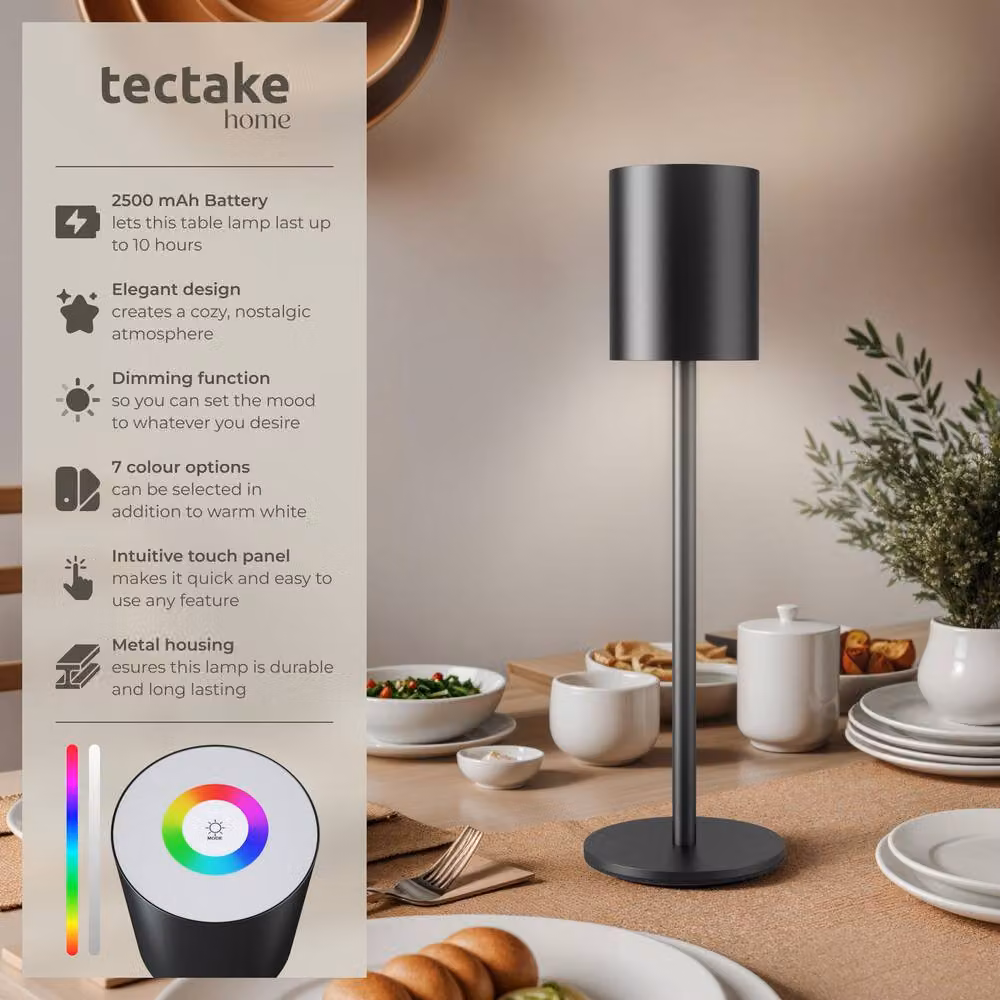 tectake Modern Rechargeable LED Table Lamp with Dimming Function and RGB Colour Options in Black Metal – 2