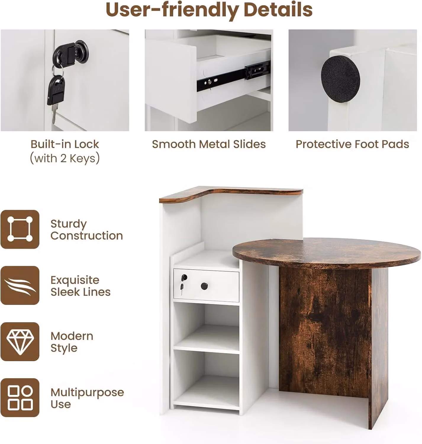 Gymax Modern Brown Counter Reception Desk with Lockable Drawer and Adjustable Shelf – 5