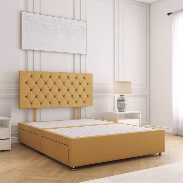 BSSPOKE Mia Velvet Plush Divan Bed with 24 inch Headboard and 4 Drawers, Yellow, W/D/H: 140 x 200 x 60.48 cm