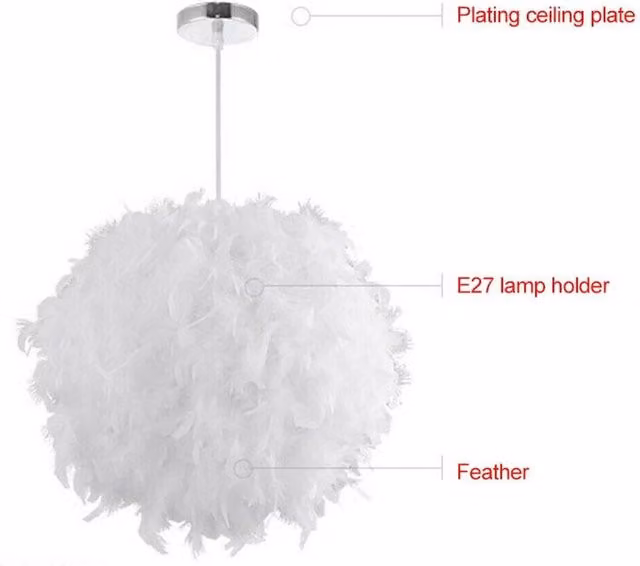 KORVIXA White Fluffy Feather Suspended Pendant Light with E27 Bulb Holder