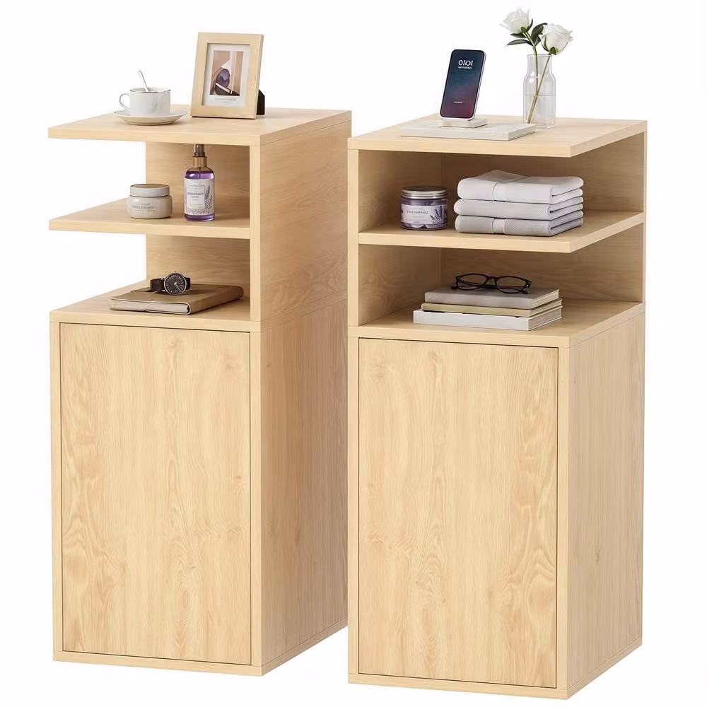 STILVORA Set of 2 Bedside Tables with Open Cubbies and Door in Light Oak – 3