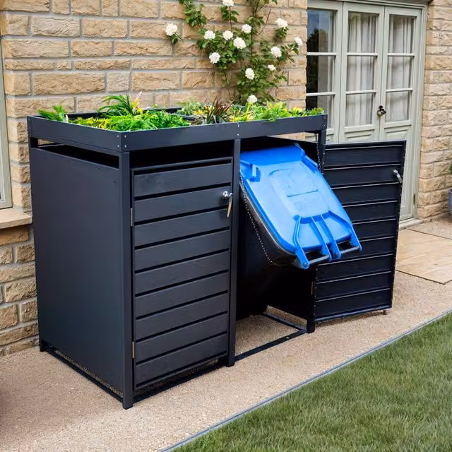 The Garden Furniture Centre Double Anthracite Galvanised Steel Wheelie Bin Storage with Planter Tops