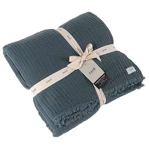 Riva Home Yard Lark Cotton Muslin Throw with Fringes in Blue, W: 240 cm, D: 260 cm – 2