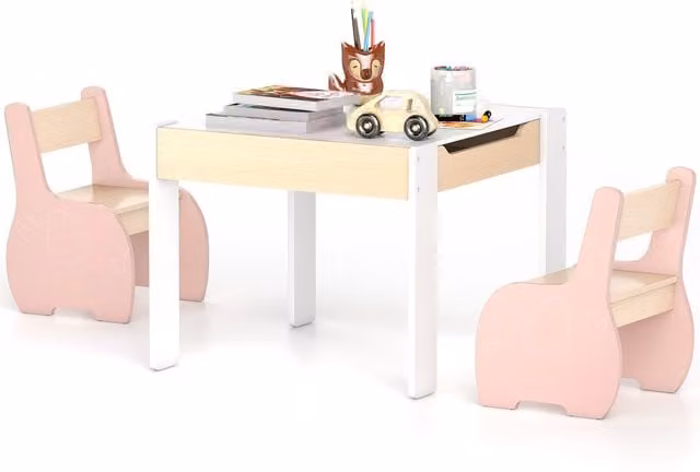 Costway Childrens Writing Desk and 2 Chairs Set in Pink and White