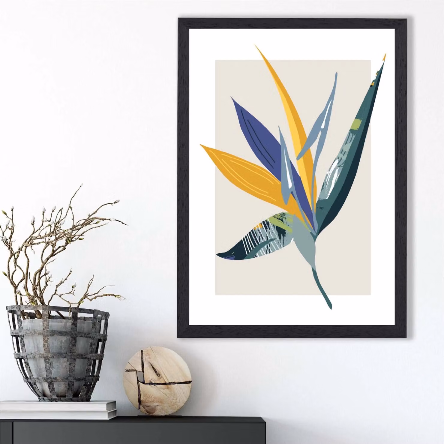 ARTZE Mid Century Modern Tropical Floral Framed Print in Petrol and Green, A2 Size – 2