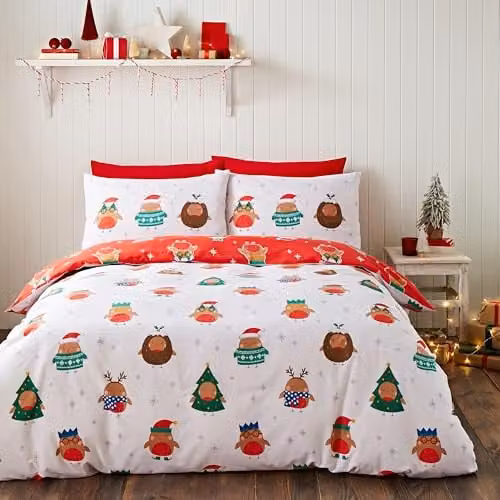 Catherine Lansfield Christmas Party Robins Reversible Double Duvet Cover and Pillowcase Set in Grey, White and Red, W/D/H: 200 x 200 cm