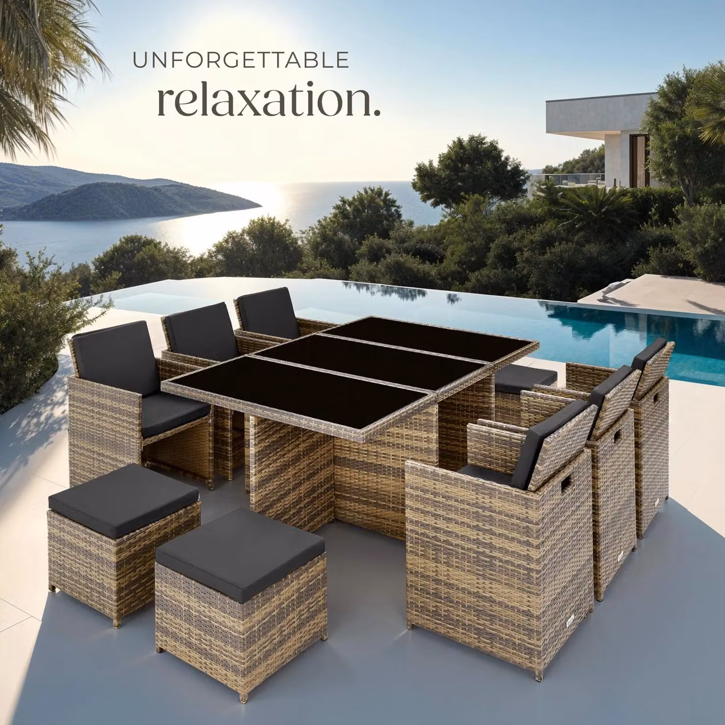 tectake New York Garden Table and Chairs Set in Natural Rattan with Grey, Beige and Brown Accents – 6