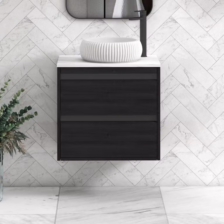 Royal Bathrooms Orion 600mm Hale Wall Hung Vanity Unit with Milan Basin in Black and Carrara White with 2 Drawers and Black Accent Trim