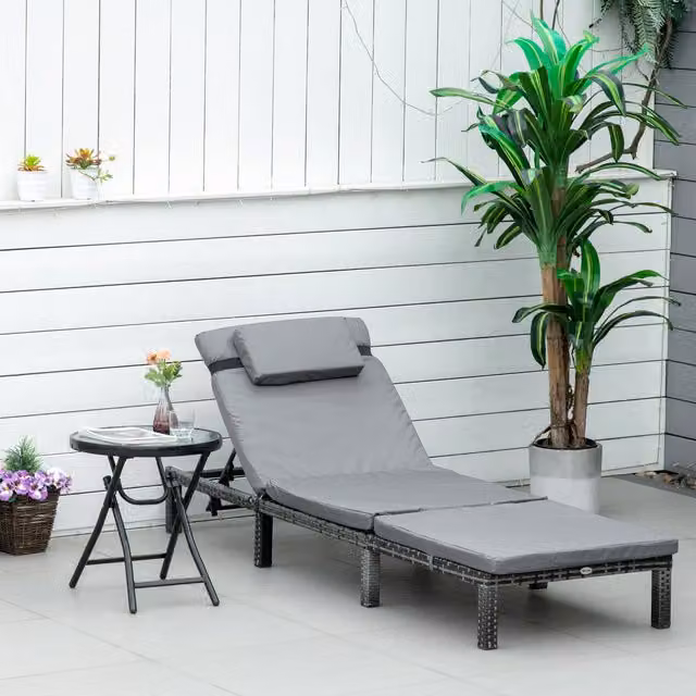 Outsunny Grey Polyrattan Outdoor Recliner Sun Lounger with UV-Resistant Polyester Fabric