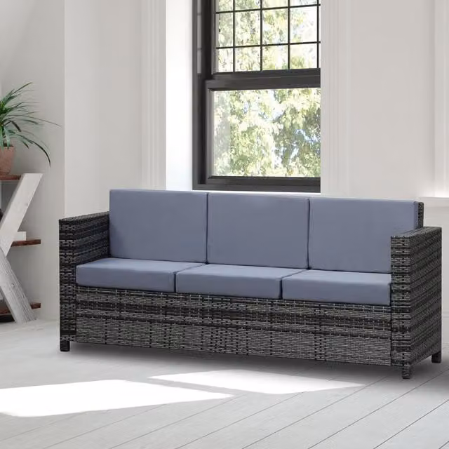 Outsunny 3 Seater Rattan Sofa with Metal Frame in Grey, Width: 185 cm
