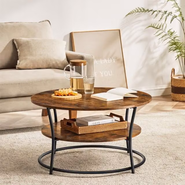 VASAGLE Round Coffee Table with Shelf in Rustic Brown and Black Industrial Style