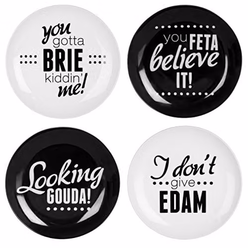 Orsina Set of 4 Porcelain Cheese Slogan Side Plates, Black and White – 1