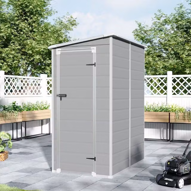 Lifeideas Plastic Pent Tool Storage Shed with Window in Grey and Black, W/D/H: 140.5 x 111 x 192 cm