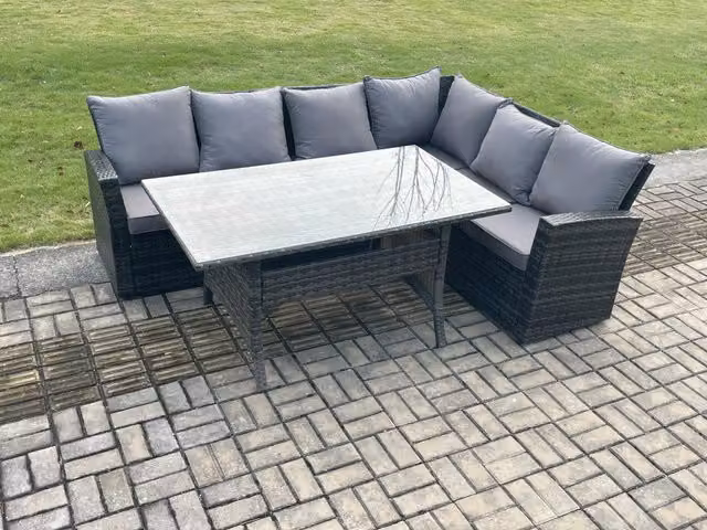Fimous 6 Seater Rattan Garden Furniture Set with Corner Sofa, Dining Table and Cushions in Dark Grey