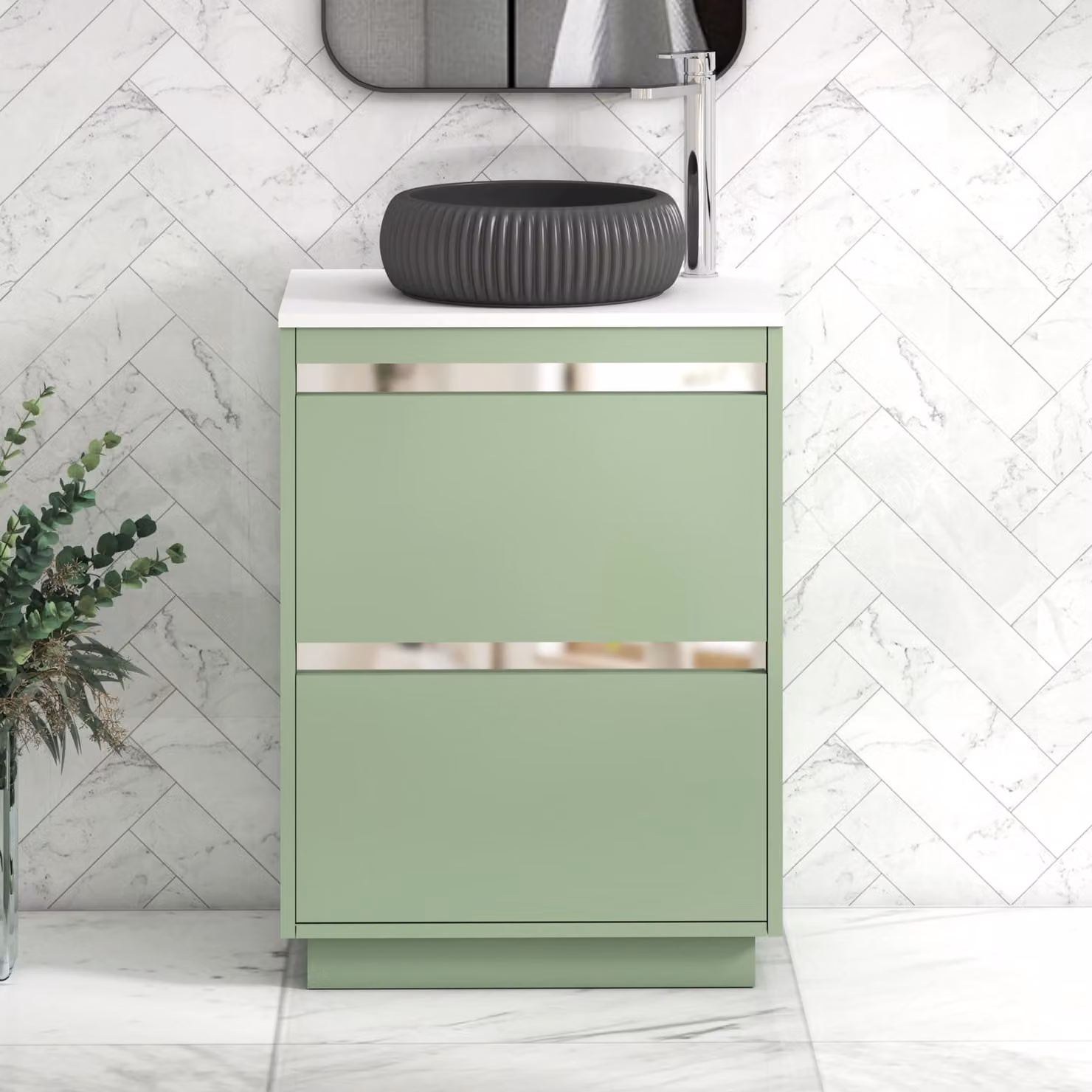 Royal Bathrooms Orion 600mm Mint Sage Floor Standing 2 Drawer Vanity Unit with Milan Black Basin and Chrome Accent Trim