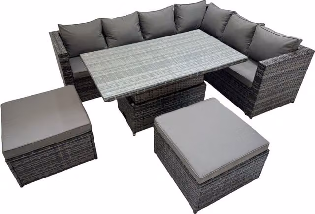 Fimous 8-Seater Rattan Corner Sofa Set in Grey with Height-Adjustable Table and Ottoman