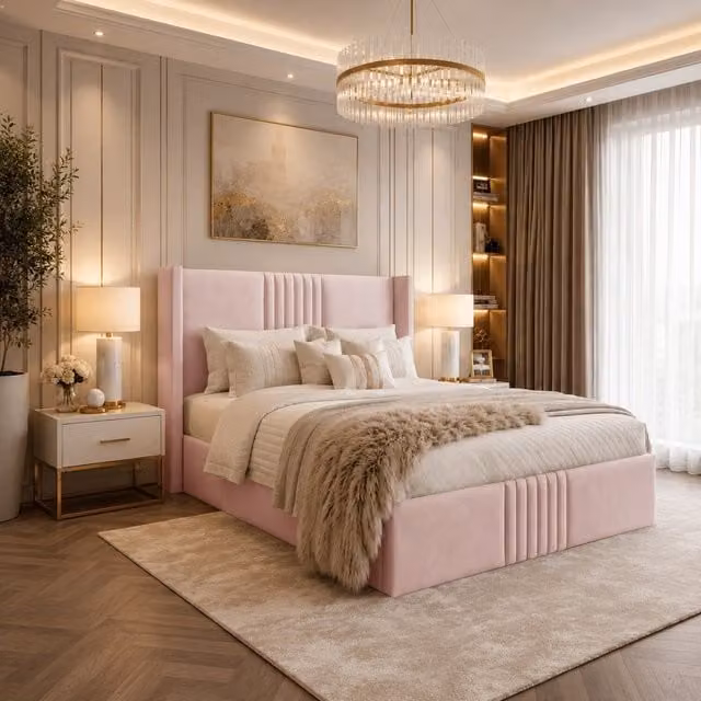 Desire Deco Luxury Wingback Brookes Upholstered Velvet Bed Frame in Pink, 180 x 200 cm