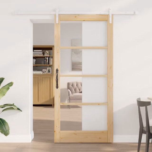 Berkfield Home Orkdal Minimalist Sliding Door with Hardware Set in Beige, Solid Wood and Glass, H: 202 cm, W: 93 cm
