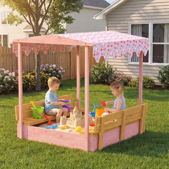 AIYAPLAY Wooden Sandbox with Foldable Bench Seats and Lid in Pink