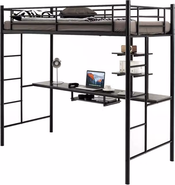 Costway Single Metal Loft Bed Frame High Sleeper with Desk and Storage Shelves, Black