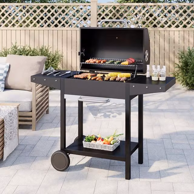 Komore Black Steel Charcoal BBQ Grill with Thermometer and Cart