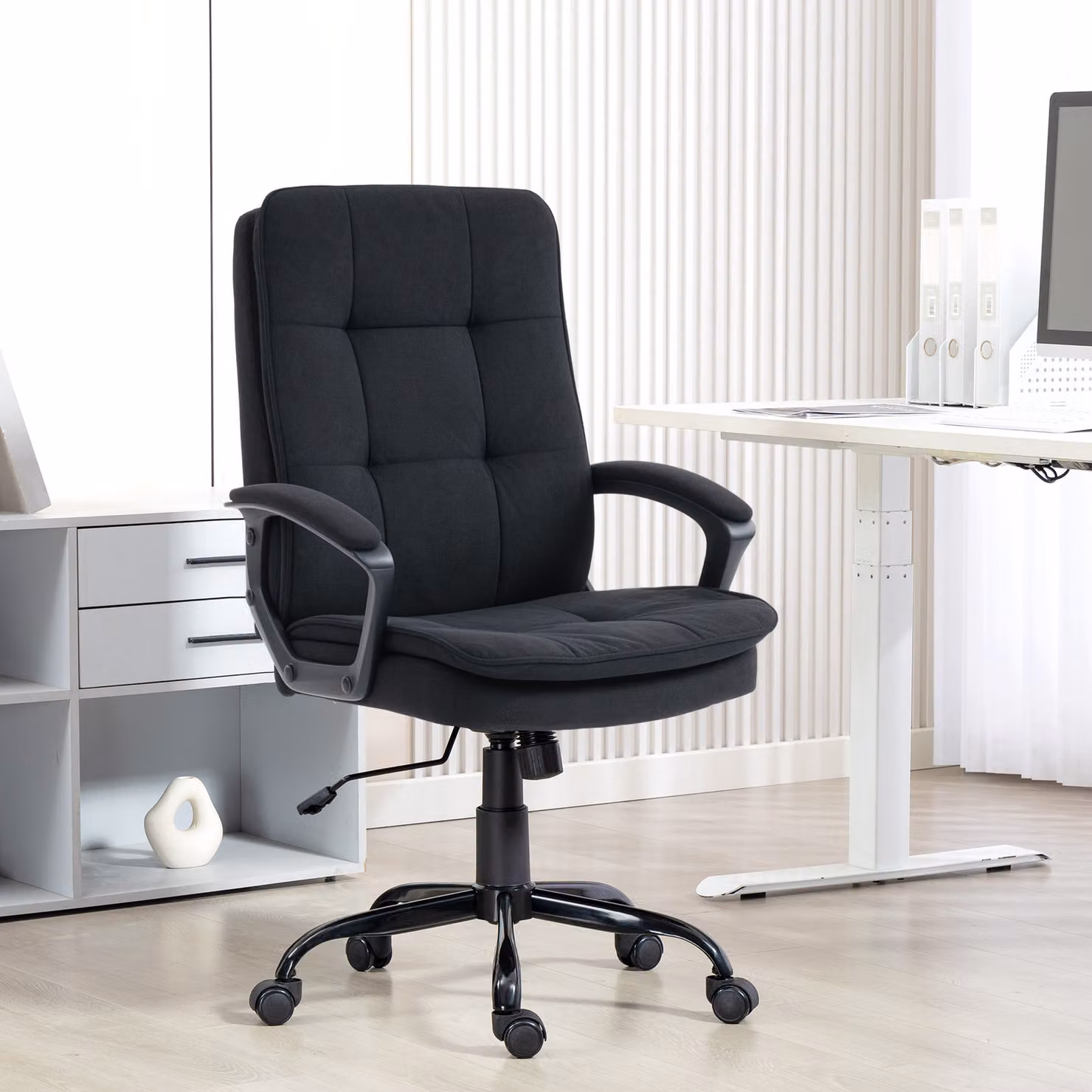 HOMCOM Black Linen-Look Double-Padded Fabric Office Task Chair W/D/H: 55 x 50 x 120 cm – 2