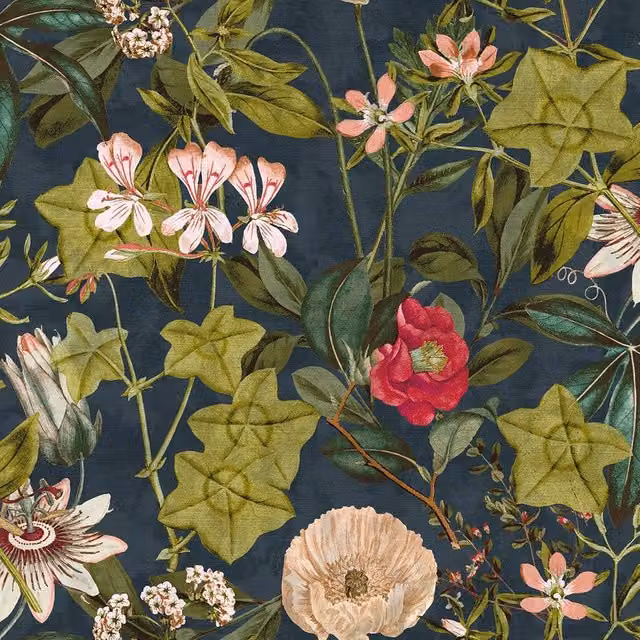 Clarke & Clarke Passiflora Floral Velvet Fabric Panel in Midnight Spice Multicolour and Blue
