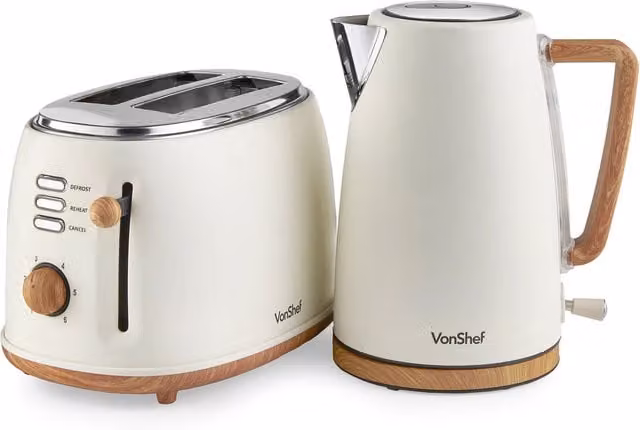 VonShef Fika Cream Rapid Boil 1.7L Kettle and 2 Slice Wide Slot Toaster Set in Beige – 1