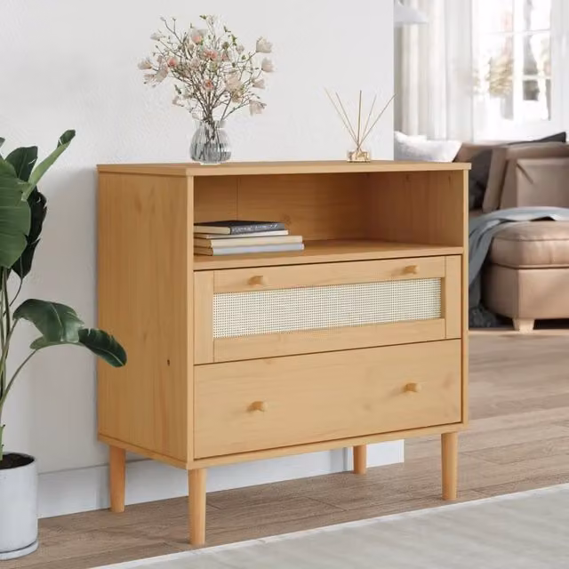 Berkfield Home Senja Sideboard in Brown Rattan Look Solid Wood Pine, W/D/H: 80 x 40 x 80 cm