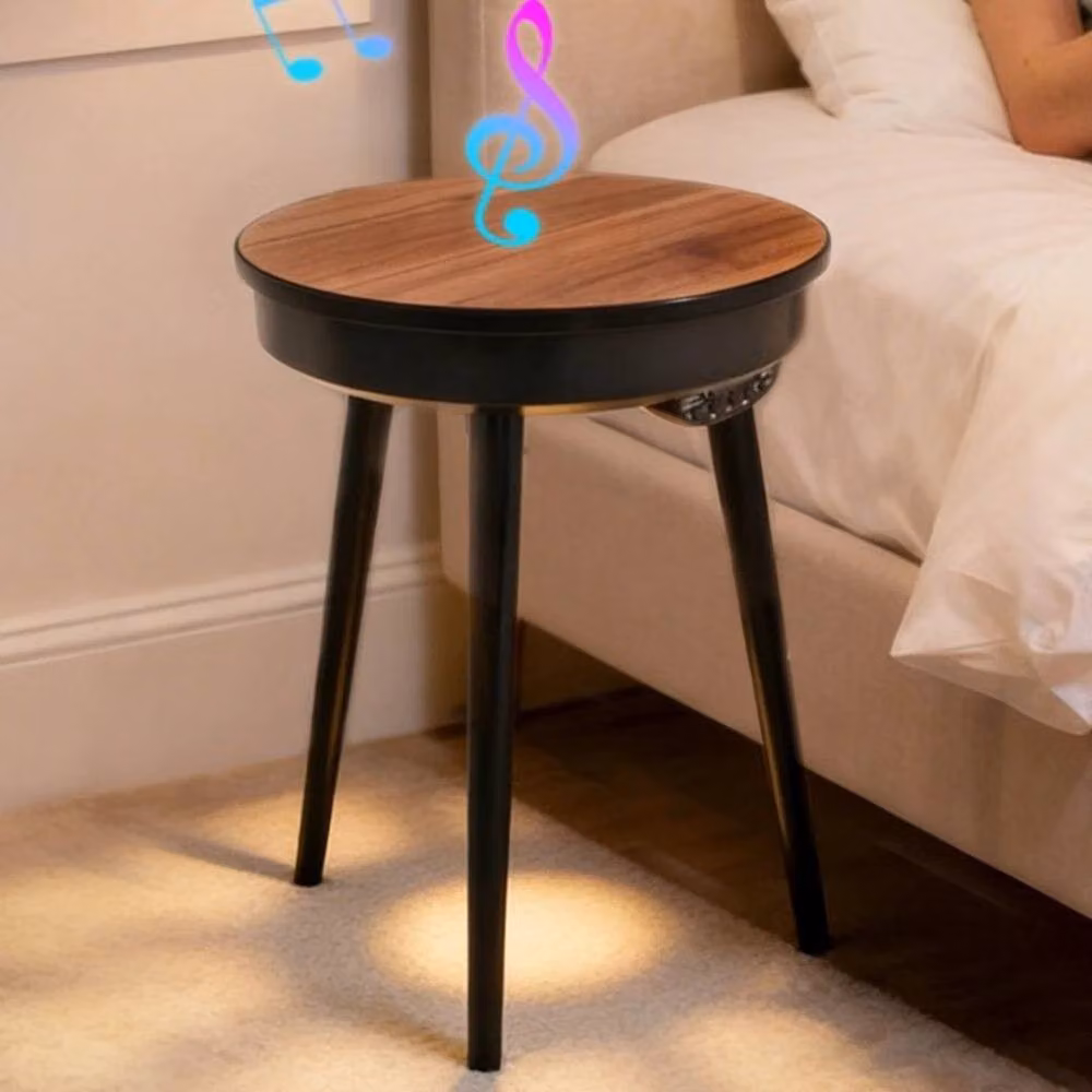 FORGEVIO Modern Round Wood Smart Bluetooth Speaker Side Table in Black – 6