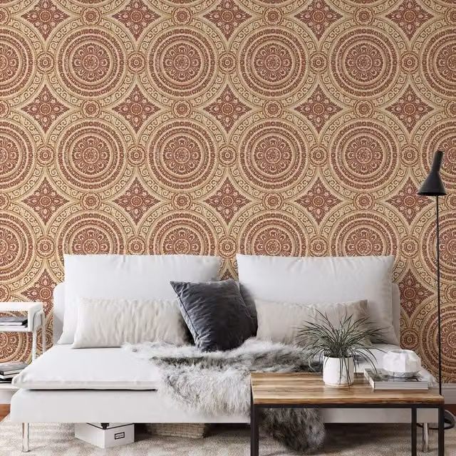 Wallquest Caspia Classic Floral Damask Wallpaper in Red and Yellow