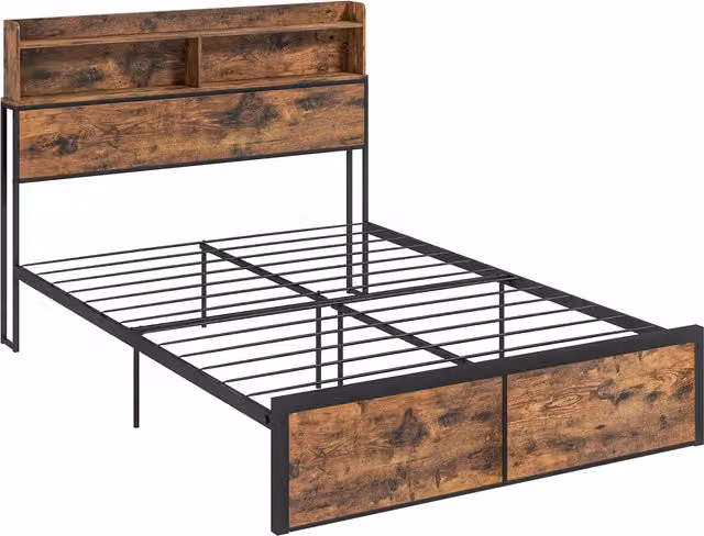 HOMCOM Industrial Double Bed Frame with Metal Side Compartments and Bedside Shelf in Brown, 140 x 200 cm