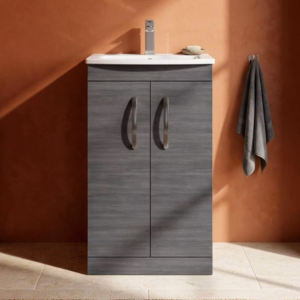 Balterley Millwich 2 Door Wall Mounted Vanity Basin Unit in Anthracite Grey Woodgrain, Width: 50 cm – 2